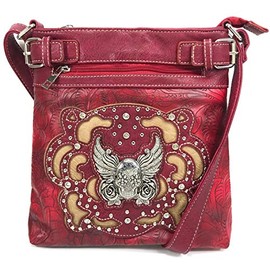Justin West Tooled Winged Sugar Skull Roses Laser Cut Crossbody Messenger Bag Handbag Purse with Concealed Carry and Phone Slot (Red)