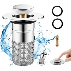 Sink Drain Strainer Hair Catcher Bathroom Sink Stopper Pop Up Sink Drain Filter with Removable Stainless Steel Filter Basket Floor Drain (Silver, One Size)