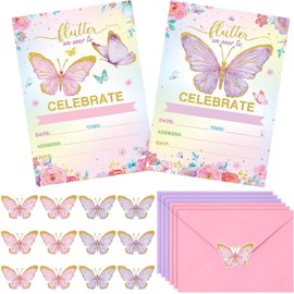Walquicks 24 Pieces Birthday Butterfly Invitations Butterfly Birthday Party Invitations with Envelopes and Seal Stickers, Floral Butterfly Invitation Cards For Party Birthday Baby Shower Wedding Decor