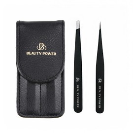 Beauty Power Precision Tweezers for Women Facial Hair & Men - Professional Tweezers Set with Slant & Point Tips, German Stainless Steel, PU Leather Travel Case, Lightweight & Ultra Precision Black