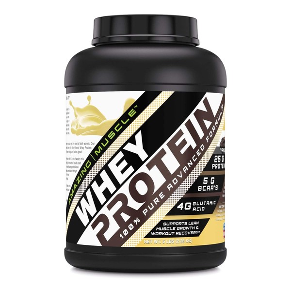 Amazing Muscle 100% Whey Protein Powder *Advanced Formula with Whey Protein Isolate as a Primary Ingredient Along with Ultra Filtered Whey Protein Concentrate (Vanilla, 5 Pound)
