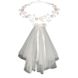 2 Pcs Girls First Communion Veil Set with 23.6In Bow Veil and 15.4In Pearl Flower Headpiece for Party Wedding Outfit Headdress