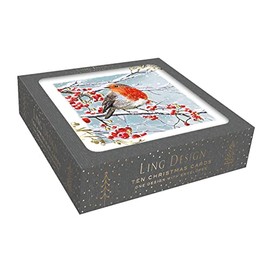 Box of 10 Robin & Berries Gold Foiled Christmas Cards Boxes Xmas Card Packs X15161HA