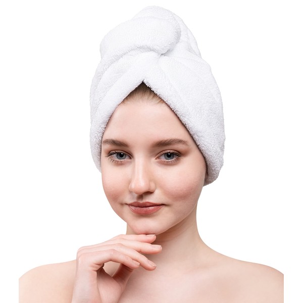 American Soft Linen Hair Towels for Women, Head Towel Cap, Hair Turban Towel Wrap for Long Curly Anti Frizz Hair, 2 Pack, White
