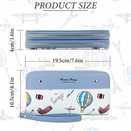 FuninCrea Ladies Purse Women's Wristlet Clutch Wallet, Double Zipper Pockets Womens Purse Wristlet Bag Long Women's Wallets with Wrist Strap and Balloons Iron Towers Airplanes Patterns (Blue)
