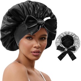NAHOSY Satin Bonnet Silk Bonnet for Sleeping, Double Layer Hair Bonnet with Soft Satin Tie Band with Head Wrap for Women Curly Hair Night Cap (Black)