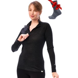 Merino Wool Base Layer Women - 100% Merino Half Zip Sweater Women Lite, Midweight, Heavyweight Thermal Shirts and Socks (Large, 165 Charcoal Grey)
