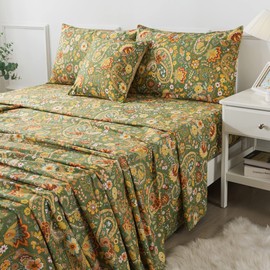 FADFAY Paisley Sheets Set Queen Bohemian Damask Paisley Bedding Luxurious Green Boho Paisley Bed Sheet Set Breathable Cotton Ultra Soft 17.5'' Deep Pocket Fitted Sheet 4Pcs, Queen Size