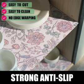Drawer and Shelf Liner for Cabinets, Non-Adhesive and Strong Non-Slip Retro Floral Shelf Cabinet Drawer Liners for Kitchen, Waterproof Cupboard Liners,Easy to Clean,12IN x 10FT,Beige