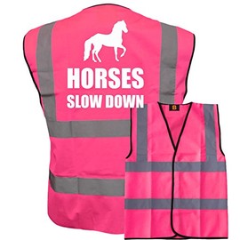 Bright Pink High Visibility Vest with White Text HORSES SLOW DOWN WITH IMAGE- HORSE RIDING By Brook Hi Vis Small