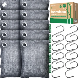 Activated Charcoal Odor Absorber, Large 10 Pack w Hooks Nature Odor Remover for Strong Odor, Bamboo Charcoal Air Purifying Bags, Odor Eliminator for Home Car Closet Pet, Smoke Deodorizer