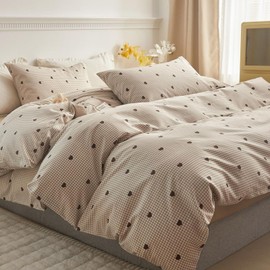 Freyamy Bed Linen, 200 x 200 cm, 3-Piece Khaki and Brown Hearts, Checked, Reversible Bed Linen, Love Grid Bedding Sets, 100% Microfibre, Girl’s Duvet Cover with Zip and Pillowcase, 80 x 80 cm