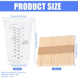 Molbory 50 Stück Messbecher Epoxidharz, 230 ml Mischbecher Set mit 50 Stück Holzrührstäbchen, Kunststoff-Messbecher Klein, FarbMischbecher, Lackmischbecher für Flüssigkeiten, Mischen von Harz, Farbe