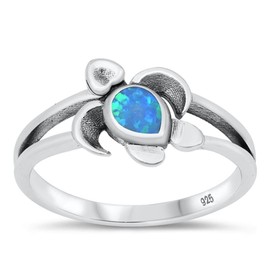 CloseoutWarehouse Teardrop Blue Simulated Opal Sea Turtle Ring Sterling Silver Size 4