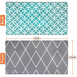 OPUX Anti Fatigue Kitchen Floor Mat, Reversible Cushioned Memory Foam Kitchen Rug Pad, Waterproof Non-Slip Padded Comfort Standing Mat Office Laundry Home, 32x17 (Geometric Teal Gray)