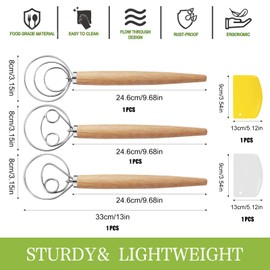 JNWYH 3 Pieces Danish Whisk, Wooden Danish Dough Whisk with 2 Plastic Scrapers for Cakes, Pastries, Dough, Dessert, Pizza Dough, Bread Baking (33 cm)