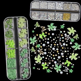 SEMATA 2 Box 3D Flower Nail Charms, Green Nail Gems Gold Silver Butterfly Flatback Pearl Nails Rhinestones Charms for Nails Art Jewels Design Decor(Green)