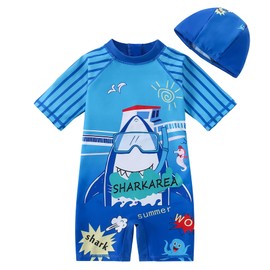 AIWUHE Toddler Boys One Piece Swimsuit Rash Guard Suits Short Sleeve Swimwear Bathing Suit Zip Rashguards UPF 50+ with Hat Royal Blue Shark 120/2XL 4-5T