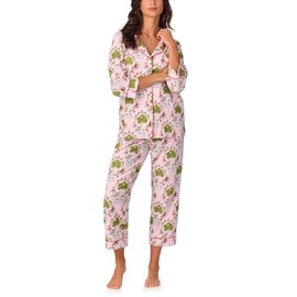 Bedhead PJs Women's 3/4 Sleeve Cotton Knit Cropped Pajama Set, Twelve Days of Christmas