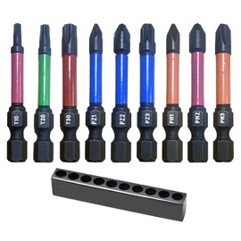 50 mm long screwdriver bit set, 10 pieces bit set with strong magnetic head, 1/4 inch hex shank, phosphide black impact wrench bits