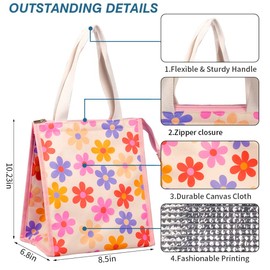 iknoe Insulated Lunch Bag for Women, 9L Sturdy Wide-Open Foldable & Portable Lunch Tote with Interior Pockets, Water-Resistant Thermal Lunch Cooler for Adults Picnic Beach Pink Flower LL