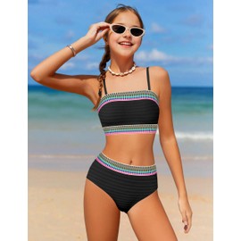 DONWEN Girl Swimsuit Size 9-10 Bathing Suit for Girls Colorblock Trim Bandeau Bikini Set High Waisted Ribbed Woven Girls Two Piece Swimsuits with Padding Black
