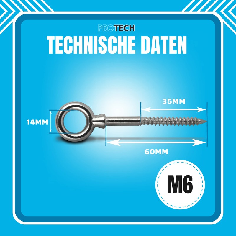 PROTECH Pack of 5 Eye Bolts with Wood Thread 6