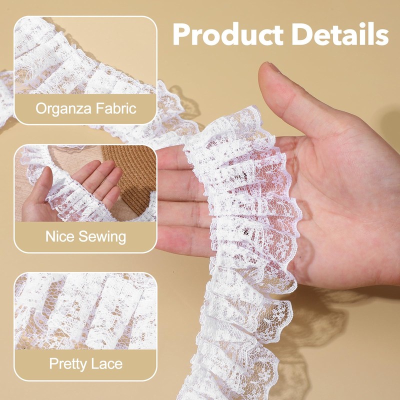 White Lace Ribbon, 1.8" x 6 Yards Double Layer Ruffle