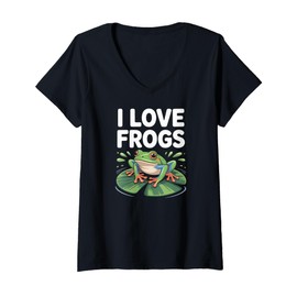 Womens I Love Frogs Cute Frog Design V-Neck T-Shirt