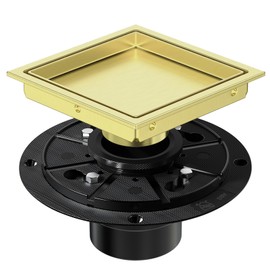 EXF Square Shower Drain 6 Inch Brushed Gold with Tile Insert Grate, Stainless Steel Shower Floor Drain with Flange, Hair Catcher