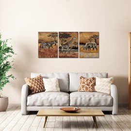 FuShvre Safari Wall Art Zebra Giraffe and Elephant Canvas Painting Africa Animal Artwork Brown Bathroom Wall Decor Framed 12x16 Inch Each