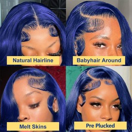 Blue Lace Front Wigs Human Hair Dark Blue Straight 13x4 Hd Lace Frontal Wigs Human Hair Pre Plucked 180% Density Royal Blue Wig Human Hair for Women Wear ad Go Glueless Wigs Human Hair 20 Inch