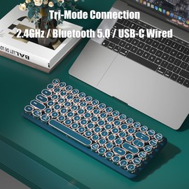 TISHLED Typewriter Keyboard Wireless 2.4GHz/Bluetooth/USB-C Wired Mechanical Gaming Keyboard Warm White LED Backlit 84-Key NKRO Hot Swappable Green Switches Retro Round Keycaps for Multi-Device