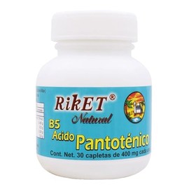 Vitamina B5 Ácido Pantoténico 30 capletas Riket | Vitaminas | Minerales | 5 mg | 100% Natural | Puro | 30 Porciones | Adultos | Mujer y Hombres | Pant