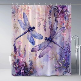 Dragonfly Shower Curtain Rustic Farmhouse Watercolor Floral Spring Purple Flowers Funny Polyester Bathroom Decor Curtains Set with Hooks 70Wx70H Inch