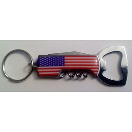 USA Flag 3 in 1 Metal Knife Corkscrew & Bottle Opener Key Ring