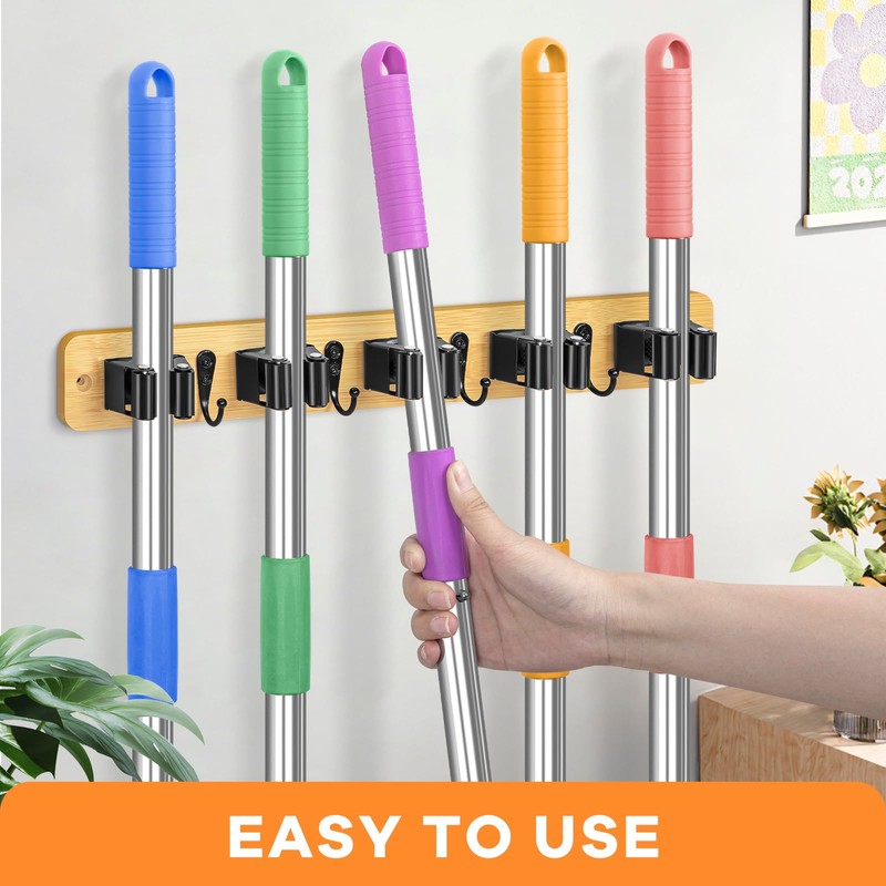 IMILLET Broom Holder Wall Mount, Bamboo Broom Hanger with 5