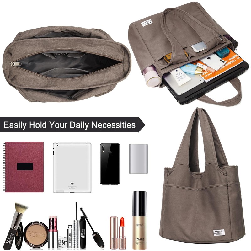 KYALOU Utility Large Canvas Tote Bag with Pockets, Women Casual