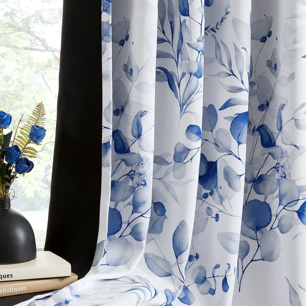 Xwincel 100% Blackout Floral Curtains for Bedroom, Blue Floral Patterned