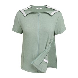 Deyeek Mastectomy Shirts with Drain Pockets Post Shoulder Surgery Tops for Women Chemo Port Short Sleeve with Zippers