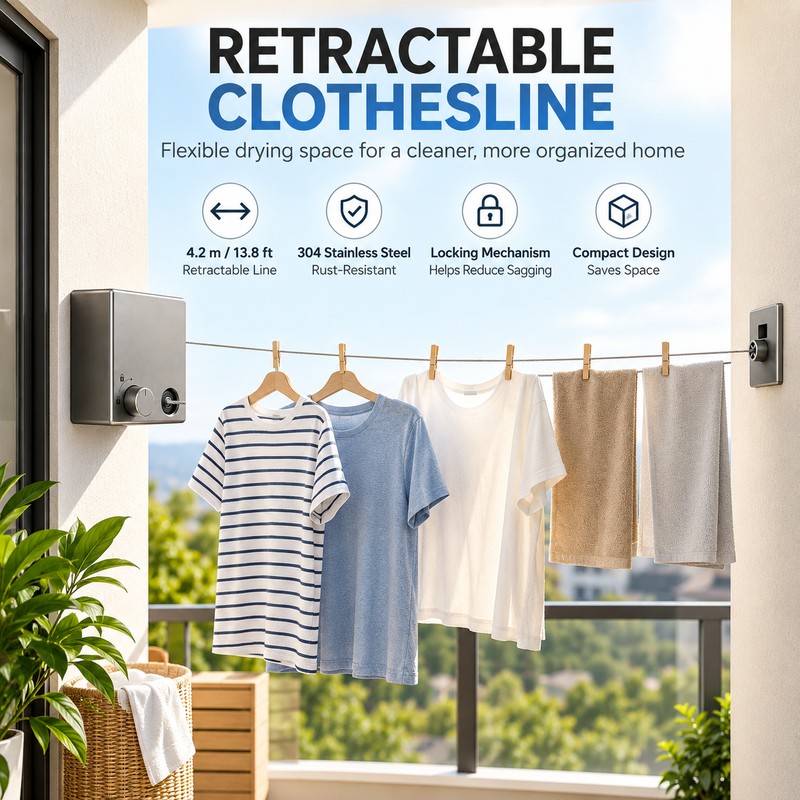 Retractable Clothesline for Laundry Drying – 13.8 FT Space-Saving Stainless