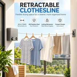 Retractable Clothesline for Laundry Drying – 13.8 FT Space-Saving Stainless Steel Line for Indoor & Outdoor Use
