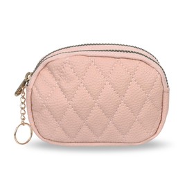 Small Purse, Double Zipper Quilted Coin Purse - Rhombic Embroidery Thread Small Wallet for Women Girls, Perfect for Cash, Cards & Change (Pink)