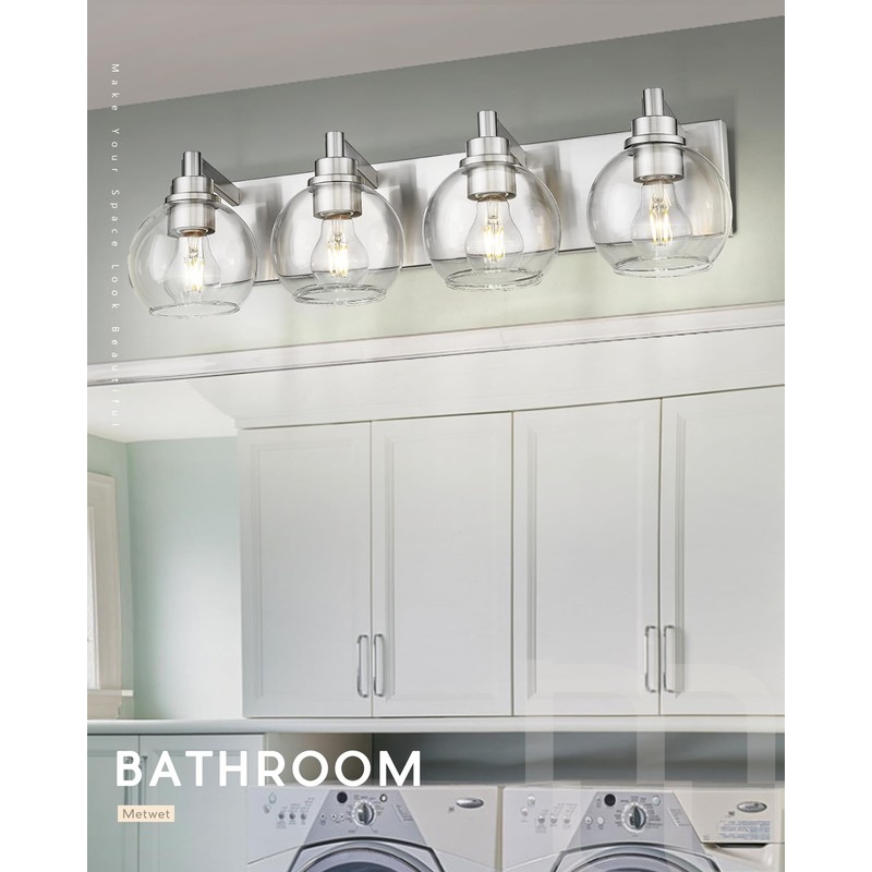 METWET Bathroom Light Fixtures, 4 Light Brushed Nickel Vanity Light,