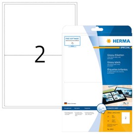 HERMA 4915 Hochglanz Etiketten, 25 Blatt, 199,6 x 143,5 mm, 2 pro A4 Bogen, 50 Stück, selbstklebend, bedruckbar, glänzend, blanko Glossy Papier Klebeetiketten Aufkleber, weiß