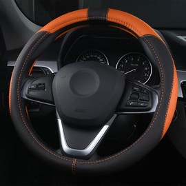 OFZVEO Auto Lenkrad Abdeckung Lenkradschutz Lenkradhülle PU Leder Universal 37-38cm / 15" rutschfest Atmungsaktiv Langlebig (Orange)