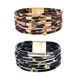 CQQNIU 2 Pieces Multi-Layered Leather Bracelets, Magnetic Clasp Bracelets, Vintage Bracelets, Women's Bracelets, Clothing Accessories