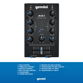 Gemini Portable 2-Channel DJ Mixer – Pocket-Sized Mini Audio Mixer with RCA, Mic & Headphone Jacks, Pro Crossfader & EQ – Compact Mixer for Beginners & Mobile DJs On-the-Go (MM1)