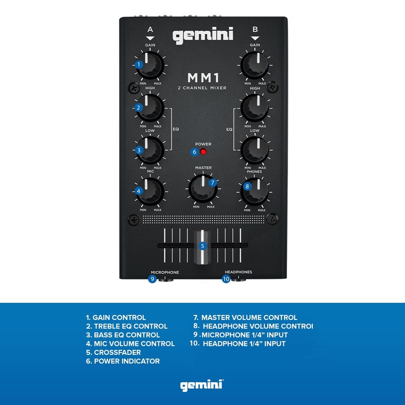 Gemini Portable 2-Channel DJ Mixer – Pocket-Sized Mini Audio Mixer