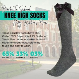 Faozo® 3 Pairs Girls Knee High Cotton Rich Socks with Fluffy Ribbons Bow, Back to School Socks, Uniform Girls Bow Knee High School Sock (Grey, 4-6 Years)